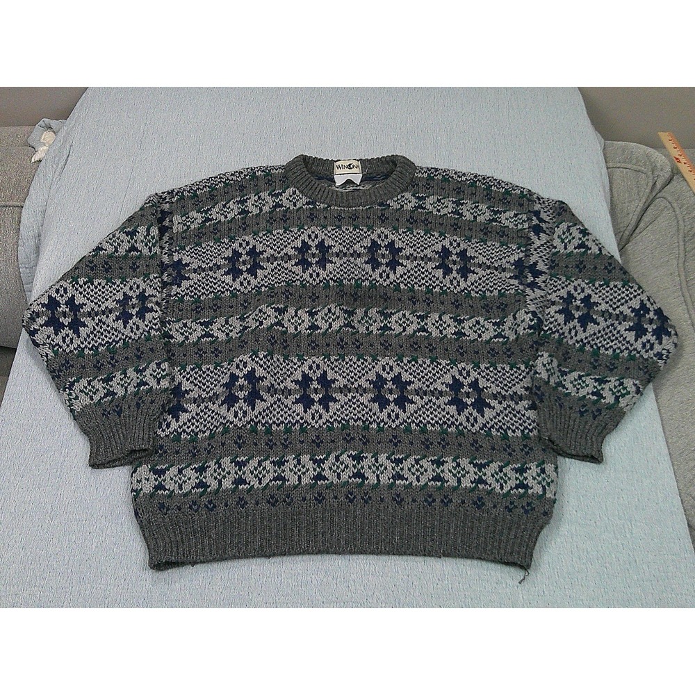 Winona Knits Men's Wool Blend Gray Cream Snowflake Crew-Neck Pullover‎ Sweater L